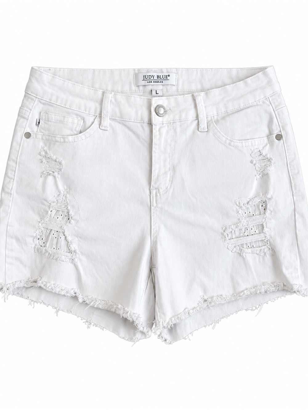 Judy Blue Women’s White Distressed Denim Shorts – Size Large